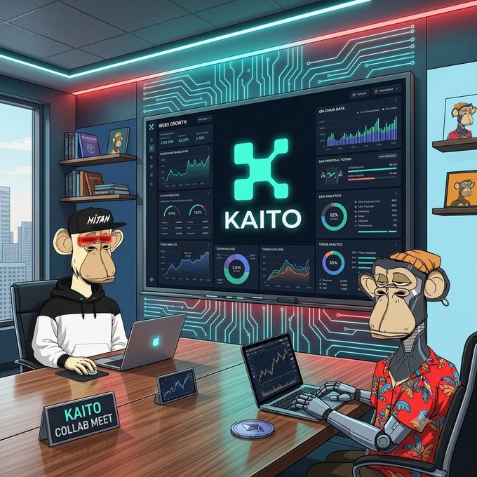 An illustrated scene of two anthropomorphic monkeys in a high-tech office with neon lighting, working on laptops in front of a large screen displaying 'KAITO' and various crypto charts.
