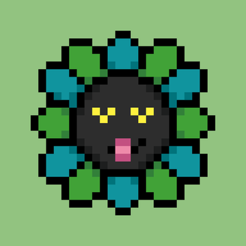 A pixel art illustration of a dark gray creature with glowing yellow eyes and a pink mouth, surrounded by blue and green leaves on a light green background.