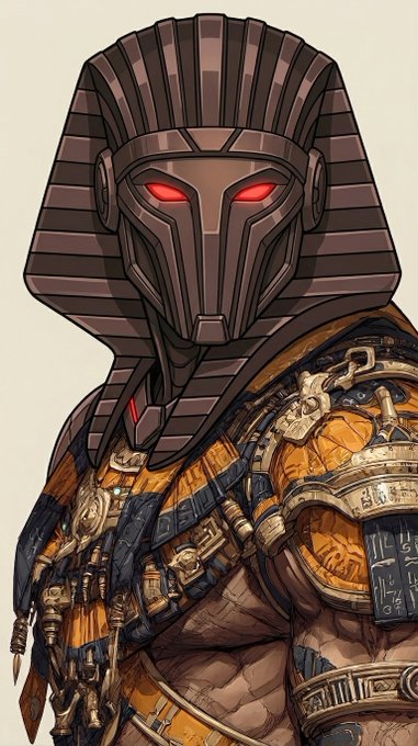 A stylized portrait features a masked figure with a dark, ornate headdress and glowing red eyes, adorned with intricate gold and mechanical armor. The imposing, authoritative appearance of the character visually reinforces the post's encouraging message "YOU should stake....," symbolizing power and conviction behind the recommendation.