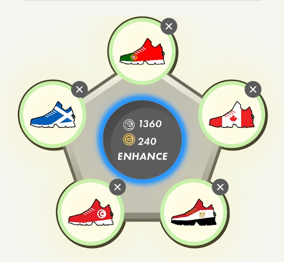 The image features an advertisement for a shoe line, featuring different colored soccer cleats, specifically red and black. The cleats are placed within a circle, with five distinct styles of shoes surrounding them at various positions. A circular "enhance" button is also present in the scene. This setup is most likely designed to attract potential customers or followers by showcasing the variety of options available for purchase or promotion.