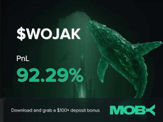 The image features a dramatic underwater scene with a large whale silhouette and "$WOJAK" prominently displayed, highlighting the trader's impressive +92.29% PnL on Moby Mobile with a $100+ deposit bonus offer. The visual ties to the post by celebrating a successful trade while showcasing Moby's platform and the coin's growth from $82.38K to $2.38M market cap.