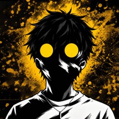A digital anime-style illustration of a young man with dark hair featuring glowing yellow eyes and a dark mask covering his mouth, set against a textured yellow and black background.