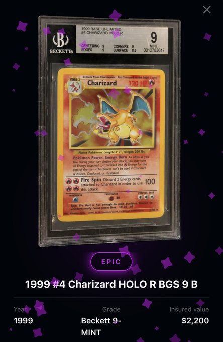 Beckett graded trading card display featuring a 1999 Charizard Holo #4 with BGS 9 MINT grade and an insured value of $2,200.