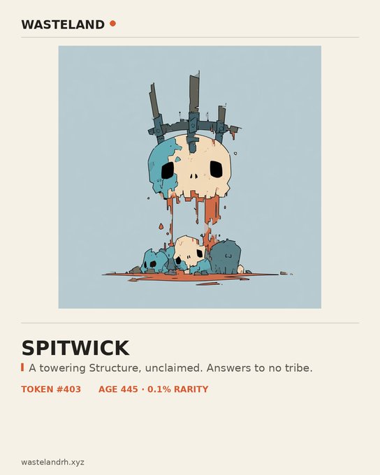 A digital collectible card titled 'SPITWICK' features an illustration of melting skulls, with text reading 'A towering Structure, unclaimed. Answers to no tribe.' along with 'TOKEN #403', 'AGE 445', '0.1% RARITY', and 'WASTELAND wastelandrh.xyz'.