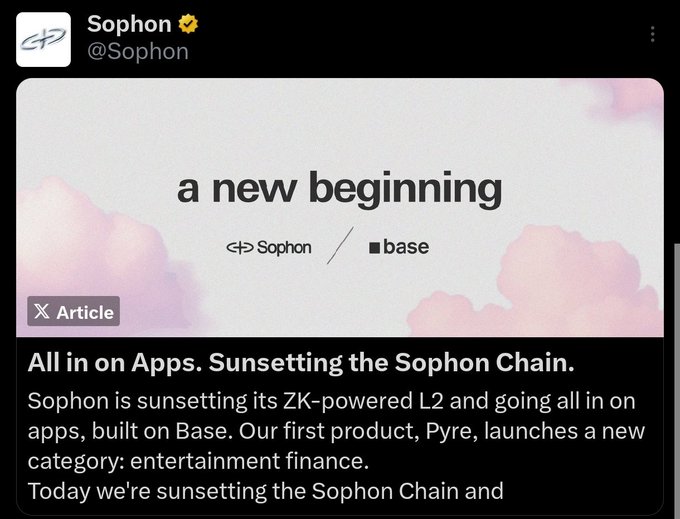 A Sophon tweet announces "a new beginning" with Base, titled "All in on Apps. Sunsetting the Sophon Chain," stating they are sunsetting their ZK-powered L2 to build on Base and launching their first product "Pyre" in entertainment finance. The satirical post mocks this pivot as another opportunistic move, suggesting Sophon is abandoning its chain to farm the Base ecosystem after previously leveraging ZKsync hype to raise $63M and rug projects.