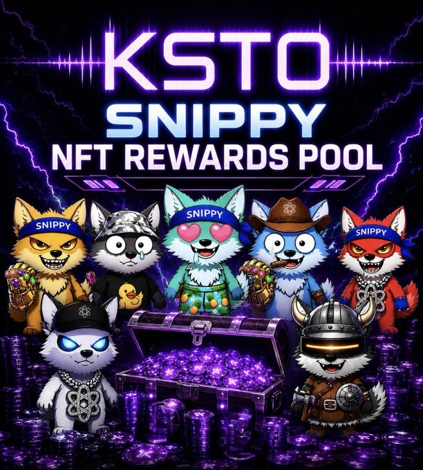 The image features a group of cartoon characters, including five dogs wearing hats, standing around a chest filled with gold coins. The text above them reads "KSTO-SNIPPY REWARDS POOL IS LIVE! WE are Rewarding holders of KSTO/SNIPPY NFT and at least 250k $KSTO Staked on Blastpad". This suggests that the characters have won some sort of reward or prize for their participation in a game, possibly involving the use of NFTs. The chest filled with gold coins indicates that there is a significant amount of value associated with the rewards, and the dogs wearing hats add to the overall theme of the image.