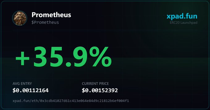 A dark-themed cryptocurrency dashboard showing the token 'Prometheus' ($Prometheus) on the 'xpad.fun' ERC20 Launchpad, displaying a positive change of '+35.9%' with an average entry of $0.00112164 and a current price of $0.00152392.
