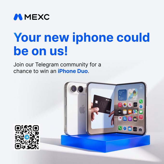 A MEXC promotional advertisement offers a chance to win an iPhone Duo by joining their Telegram community, featuring a QR code and images of the foldable phone.