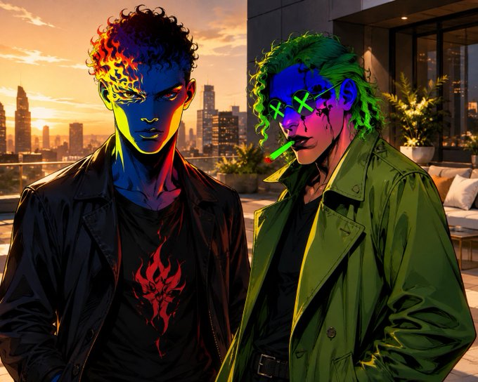 A stylized digital illustration features two neon-colored figures, one with fiery hair and the other with green hair and glasses, standing against a cityscape at sunset.