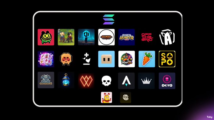 A collection of colorful mobile app icons displayed on a black background, featuring recognizable apps like Crypto Punks, Reddit, Twitch, Blackjack, Aster Hunter, Soul of CAT, and others, with a Solana logo at the top center.