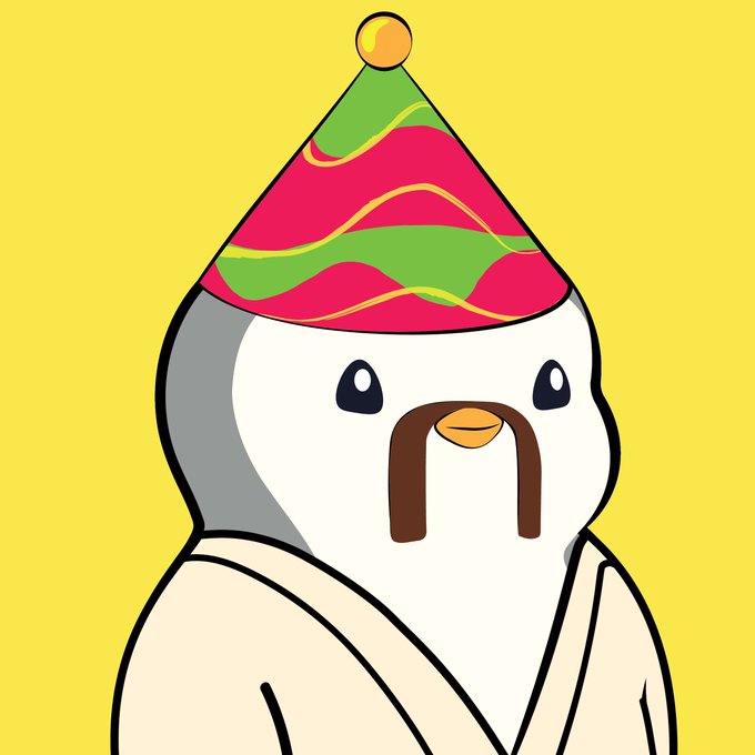 A cartoon illustration of a white bird or duck-like character with a mustache wearing a colorful red and green striped party hat against a bright yellow background.