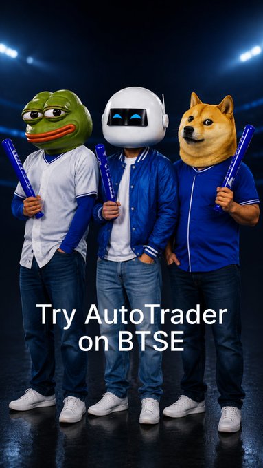 The image features three men dressed up as different animals - a frog, a dog, and a robot - standing together with their arms crossed. The background of the image is dark blue, which contrasts with the bright colors of the animal costumes. The text "Stop manually trading $PEPE & $DOGE. Let AI do it for you." suggests that these men are promoting an automated trading platform called AutoTrader on BTSE (Black Trading System).