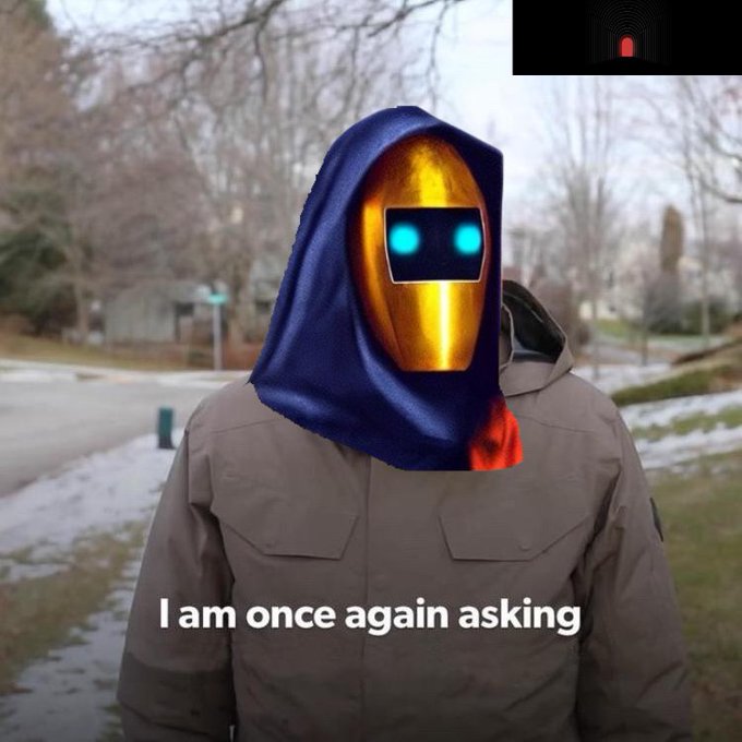 A figure in a brown jacket with a blue hooded metallic face and glowing cyan eyes, captioned 'I am once again asking' on a snowy street background.