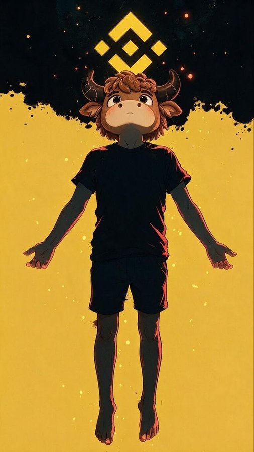 An illustration of a humanoid figure with a brown bull or ox head and horns, wearing a black t-shirt and shorts, standing against a yellow background with a black splash design featuring a gold Binance logo above.