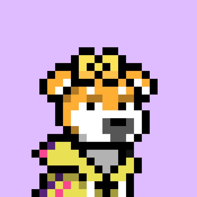 A pixel art illustration of a small dog character with orange and white fur, rendered in a retro 8-bit video game style against a lavender background, fitting the @doginaldogs meme theme of pixelated dog collectibles.