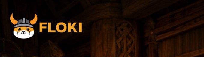 A banner image showing the FLOKI cryptocurrency logo featuring a Shiba dog character wearing a Viking helmet against a dark wooden background.
