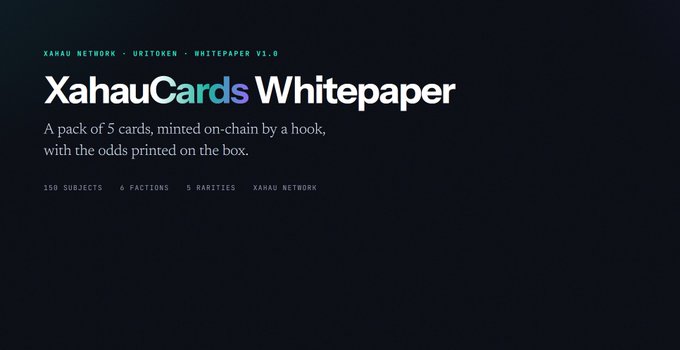 A webpage header reads 'XahauCards Whitepaper' described as 'A pack of 5 cards, minted on-chain by a hook, with the odds printed on the box.'