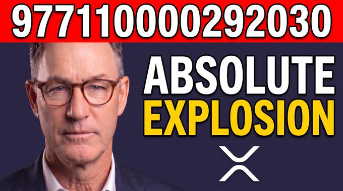 The image shows a man wearing glasses alongside bold text reading "ABSOLUTE EXPLOSION" with the XRP logo and the number "977110000292030" displayed at the top in a red banner, suggesting a clickbait-style thumbnail related to a video about a potential XRP price surge and bank involvement.