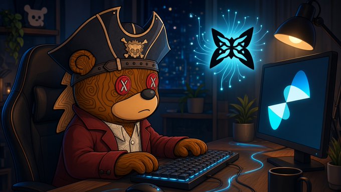 A digital illustration of a pirate bear character with X eyes sitting at a glowing computer desk, with a neon butterfly logo on the monitor and wall.