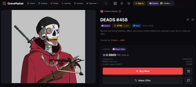 A GraveMarket NFT listing page for DEADS #458 on the Solana network, priced at 0.9869 SOL, featuring a skull character in red holding a crossbow.