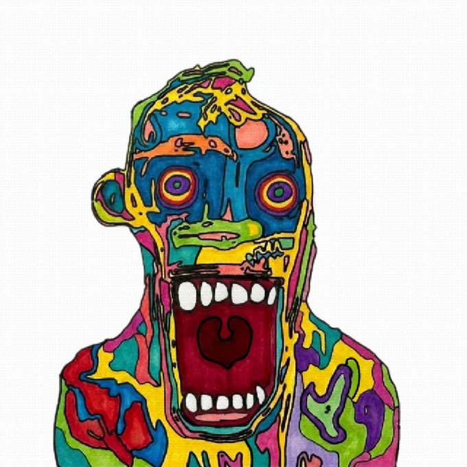 Vibrant, psychedelic artwork of a screaming figure with multicolored face in blue, yellow, pink, and green, featuring wide eyes with concentric circles and an open mouth showing teeth and tongue.
