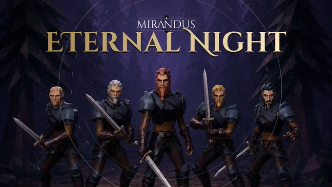 Promotional art for "Mirandus: Eternal Night" featuring five armored warriors wielding swords against a dark, starry forest backdrop, visually supporting the post's call to assemble a party of heroes in the game's update. The bold gold title text reinforces the game's branding, aligning with the news announcement about new content and rewards.