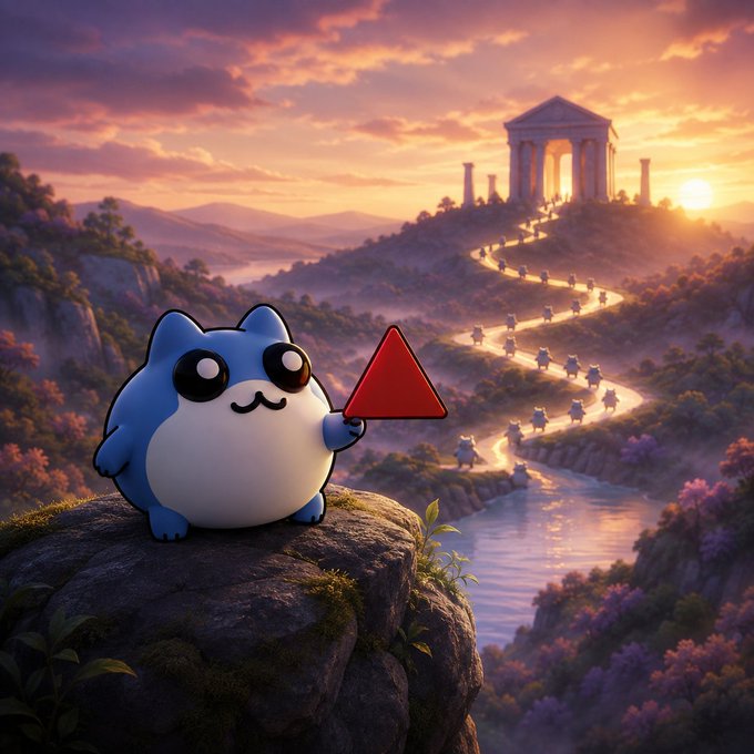 A blue, cartoonish cat-like character holding a red triangle stands on a rocky outcrop, overlooking a winding path filled with small figures leading to a classical Greek-style temple at sunset.