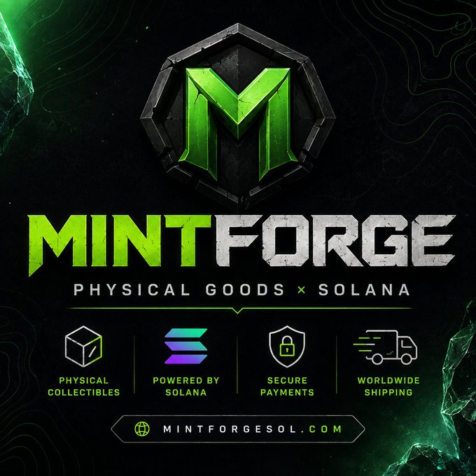 A promotional graphic for 'MINTFORGE' featuring a green and silver shield logo with an 'M' emblem, advertising 'PHYSICAL GOODS x SOLANA' with icons highlighting physical collectibles, Solana-powered technology, secure payments, and worldwide shipping, along with the website 'MINTFORGESOL.COM'.