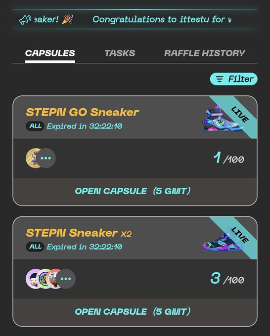 The image shows a screenshot of an e-commerce shopping website displaying two lists of products for sale called "Open Capsule" and "Open Capsule x2", as well as the price range of each item (3GMT and $1). The post that this screenshot is related to has been shared with a caption indicating a challenge capsule for sale. The list includes items such as "OG" and "GO".