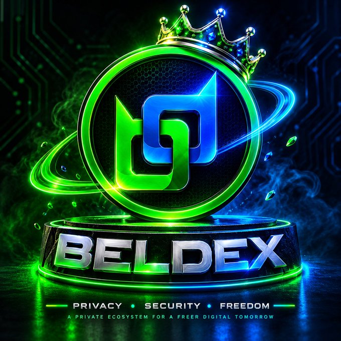 A promotional graphic for 'BELDEX' featuring a glowing green and blue logo with a crown, displayed on a pedestal with the tagline 'PRIVACY • SECURITY • FREEDOM' and 'A PRIVATE ECOSYSTEM FOR A FREE DIGITAL TOMORROW'.