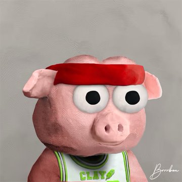 A 3D-rendered pig character wearing a red bandana and a tank top with "CLAY" visible on it, signed "Burton".
