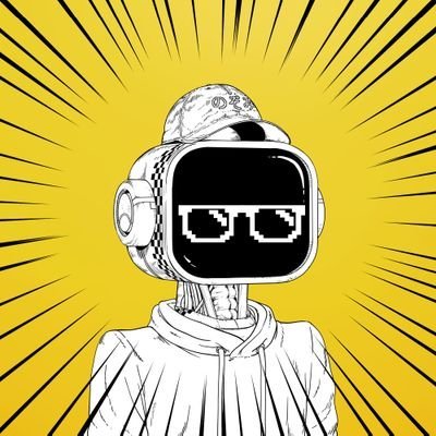 A stylized illustration of a robot with pixelated sunglasses wearing a backwards cap, set against a vibrant yellow background featuring bold radiating speed lines in a comic book style.
