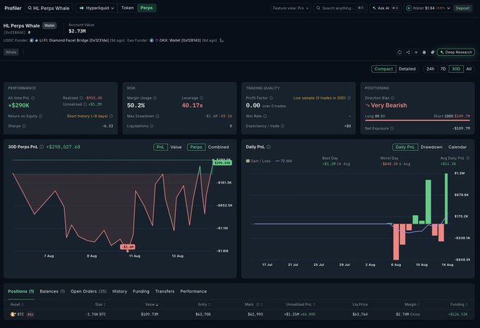 A Coinstats profiler page for 'HL Perps Whale' on Hyperliquid showing a -$9290 unrealized PnL with $290,627.68 balance, a 'Very Bearish' directional bias, and detailed performance metrics including a 50.2% margin usage and 40.37x leverage.