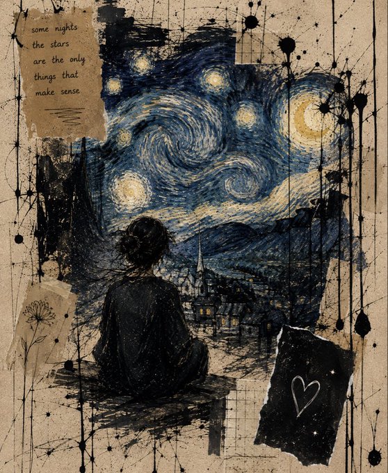 An artistic mixed-media collage depicting a silhouetted figure gazing at a swirling starry night sky inspired by Van Gogh's 'The Starry Night', with handwritten text reading 'some nights the stars are the only things that make sense'.