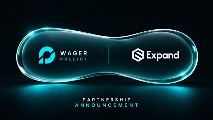 A dark futuristic graphic announcing a 'PARTNERSHIP ANNOUNCEMENT' between Wager Predict and Expand, displayed on a glowing capsule-shaped background.