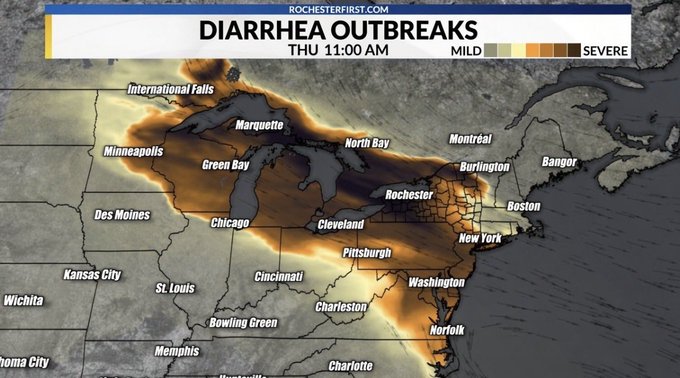 A weather map from RochesterFirst.com titled 'DIARRHEA OUTBREAKS' showing the severity of outbreaks across the northeastern and midwestern United States, ranging from mild to severe.