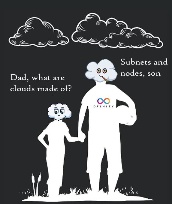 A cartoon illustration shows a father and son with cloud heads under cloud shapes, with the child asking 'Dad, what are clouds made of?' and the father responding 'Subnets and nodes, son,' wearing a shirt with the 'DFINITY' logo.