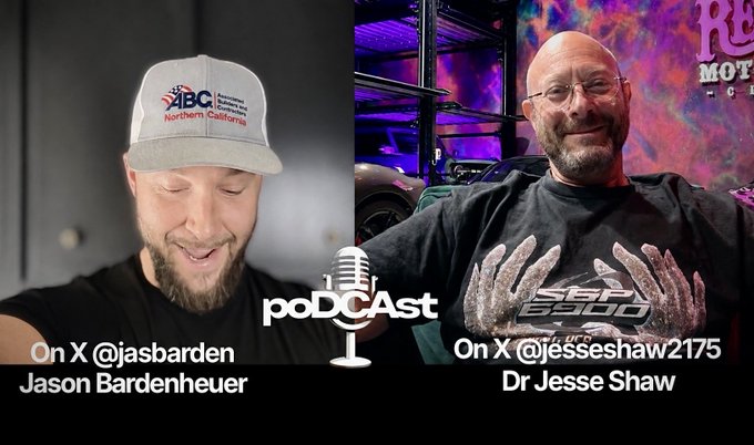 Jason Bardenheuer (left, @jasbarden) and Dr. Jesse Shaw (right, @jessehaw2175) are featured on a podcast cover, with Jesse wearing an "LED EDGED" skeleton-hand shirt, promoting an interview tied to the $SPX6900 and $AEONS crypto communities.