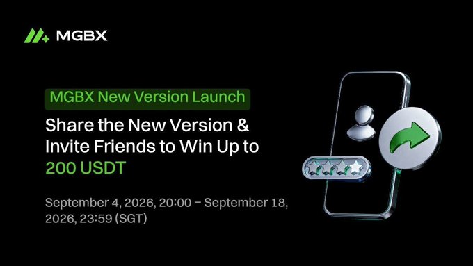 An MGBX promotional banner announces 'MGBX New Version Launch' with an invitation to 'Share the New Version & Invite Friends to Win Up to 200 USDT', running from September 4-18, 2026.