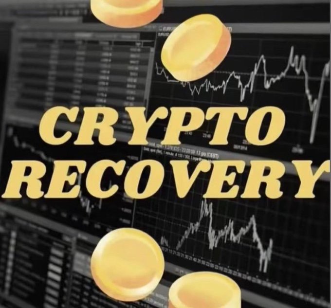 A graphic overlay reading 'CRYPTO RECOVERY' in bold yellow text with gold coins floating against a background of stock market trading charts and financial data.