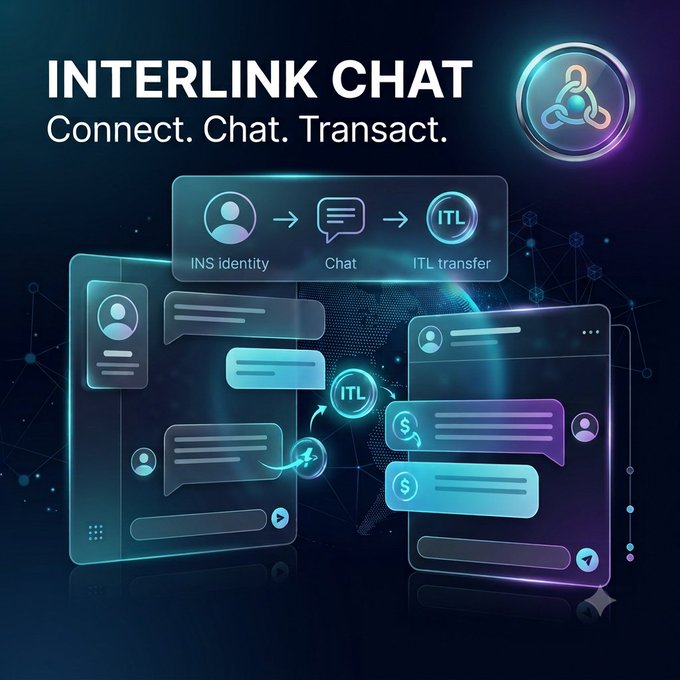 A promotional graphic for 'INTERLINK CHAT' with the tagline 'Connect. Chat. Transact.' showing a flow of INS identity → Chat → ITL transfer alongside illustrated chat interfaces.