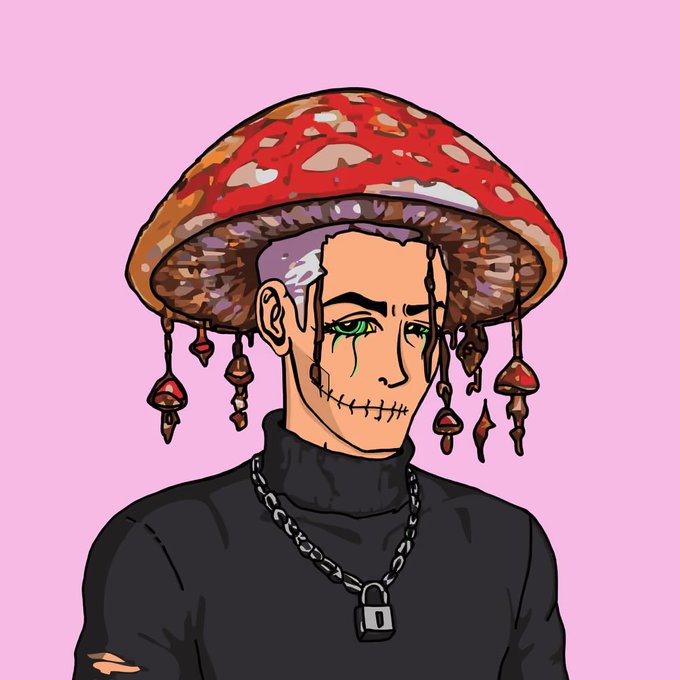 Digital artwork featuring a male character with stitched facial scars, green eyes, a padlock necklace, and a large red mushroom cap on his head with smaller dangling mushrooms, set against a pink background.