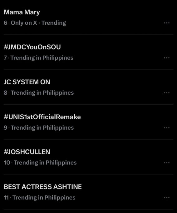 A screenshot of X trending topics in the Philippines, showing entries like 'Mama Mary', '#JMDCYouOnSOU', 'JC SYSTEM ON', '#UNIS1stOfficialRemake', '#JOSHCULLEN', and 'BEST ACTRESS ASHTINE'.