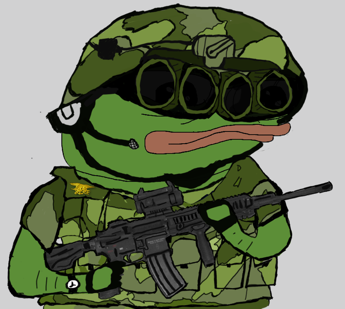 A cartoon green frog dressed as a military sniper holds a black rifle and wears goggles and a camouflage helmet.