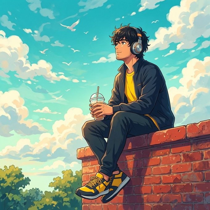 An anime-style illustration shows a young man with dark hair wearing headphones and a yellow shirt under a dark jacket, sitting on a brick ledge holding a drink while gazing at a vibrant sky filled with clouds and seagulls. The image's contemplative, upward-looking pose mirrors the post's optimistic tone about Canopy's impressive early metrics and rapid growth trajectory.