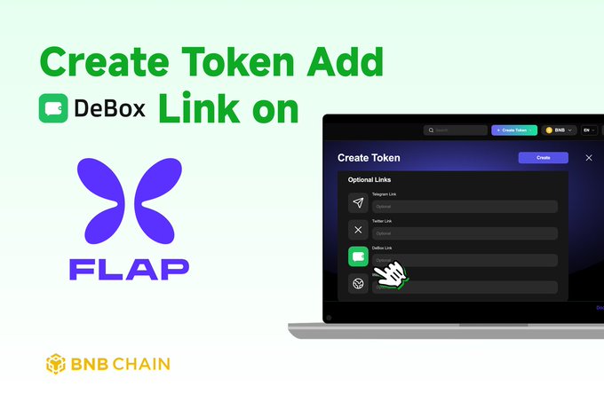 The image shows a laptop screen displaying a tutorial about creating tokens and adding links using the Flap Dot application. The tutorial explains that users can create tokens by entering their name, and then add a link to the DeBox Group via the @flapdotsh command. The text on the screen also mentions that users should focus on what is in the image and how it relates to the post.