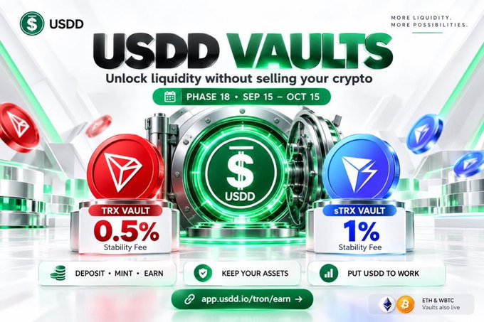 An advertisement for "USDD VAULTS" promoting "Unlock liquidity without selling your crypto" during Phase 18, offering TRX and sTRX vaults with stability fees.
