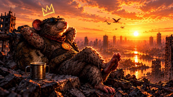 A digitally created image of a battle-worn teddy bear wearing sunglasses and a Bitcoin medallion, sitting on rubble with a cup beside it, overlooking a destroyed city at sunset.