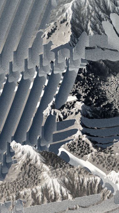 An abstract digital artwork featuring glitch-like distortions, vertical lines, and distorted text resembling a mountainous or grayscale landscape.