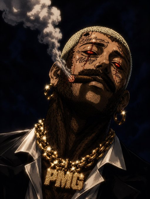 A stylized digital artwork of a man smoking a cigar, featuring face tattoos reading 'Stay Away' and 'Almighty PMG', wearing gold hoop earrings and a diamond-encrusted 'PMG' chain.
